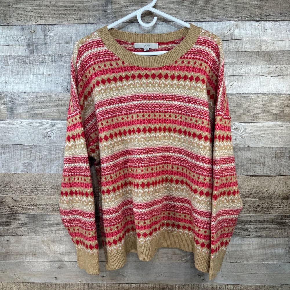 Loft Womens Fair Isle Everyday Sweater Pink Red Tan Cotton Blend XL